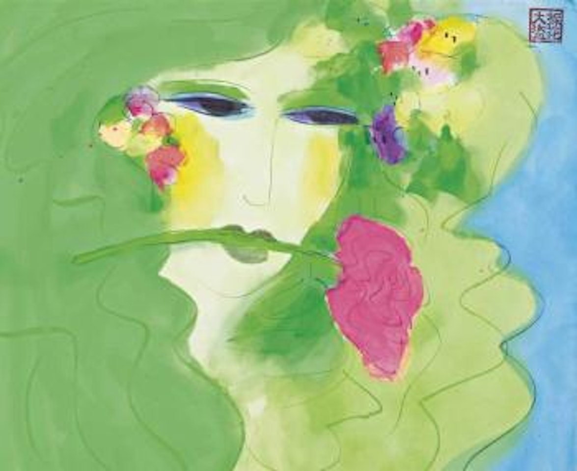 Green Lady with Pink Rose by Walasse Ting