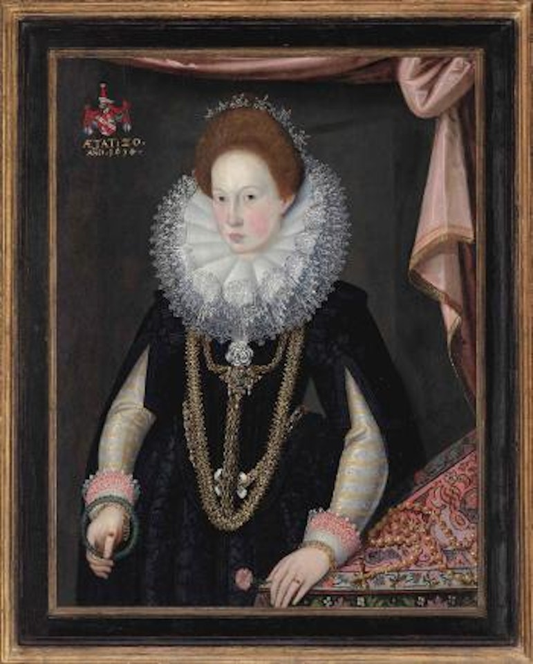 Portrait of a lady, identified as Maria Schlechuber (c.1594-1674), half-length, in a black embroidered dress with slashed sleeves and a ruff.. by Flemish School