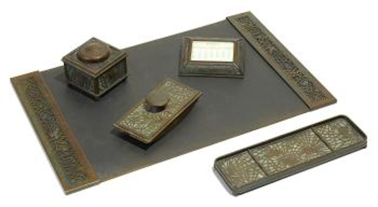 Five-piece Pine Needle desk set by Tiffany Studios