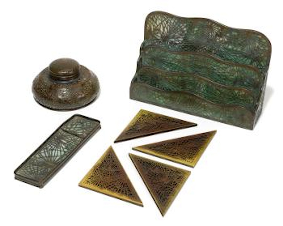 Four-piece Pine Needle desk set by Tiffany Studios