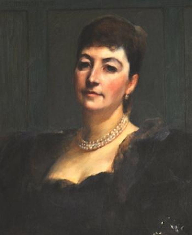 Bust Portrait of a lady wearing a black dress, and a pearl necklace by James Jebusa Shannon