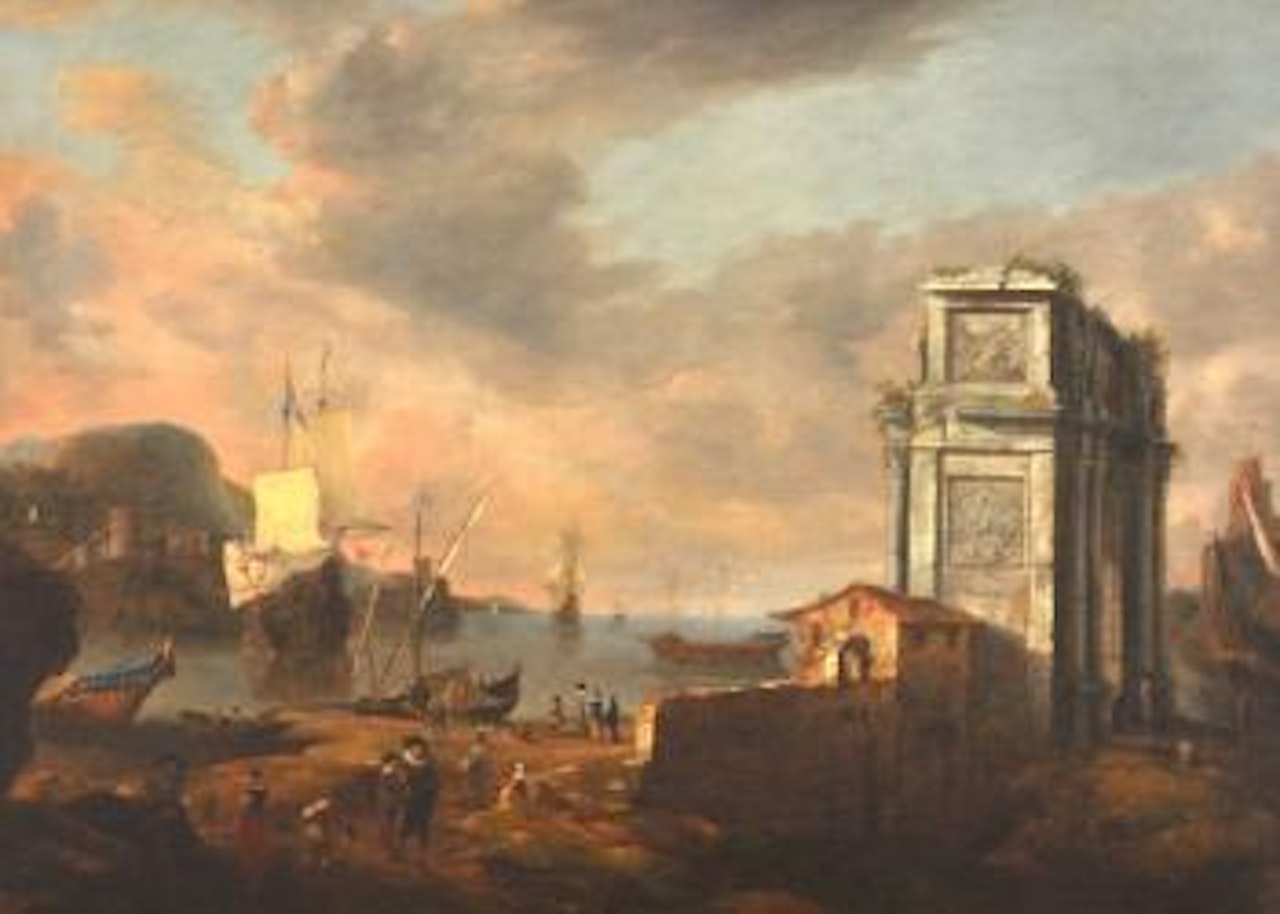 A Mediterranean coastal landscape with elegant figures, and a Dutch men-o’-war beyond by Jan Abrahamsz. Beerstraten