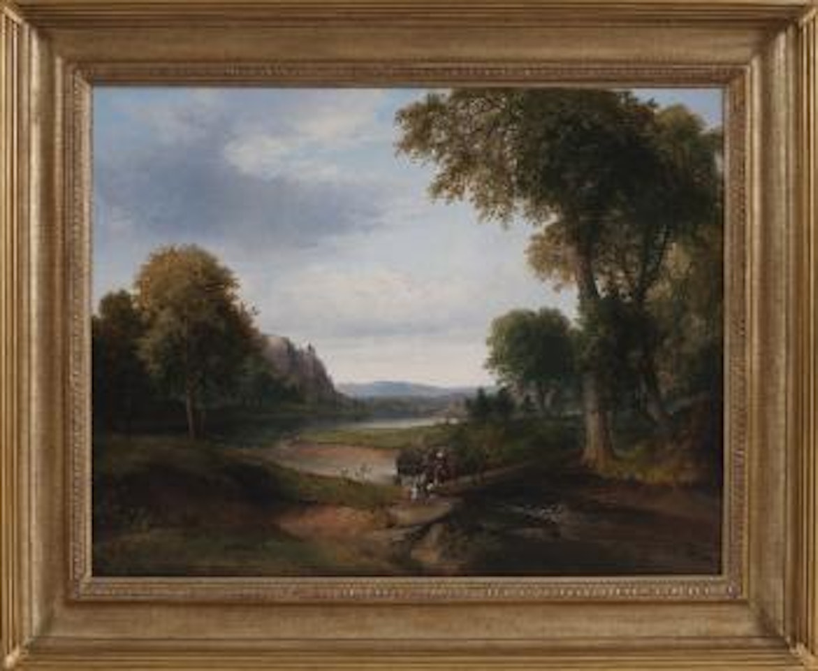 Landscape with footbridge and figures fishing by Thomas Doughty