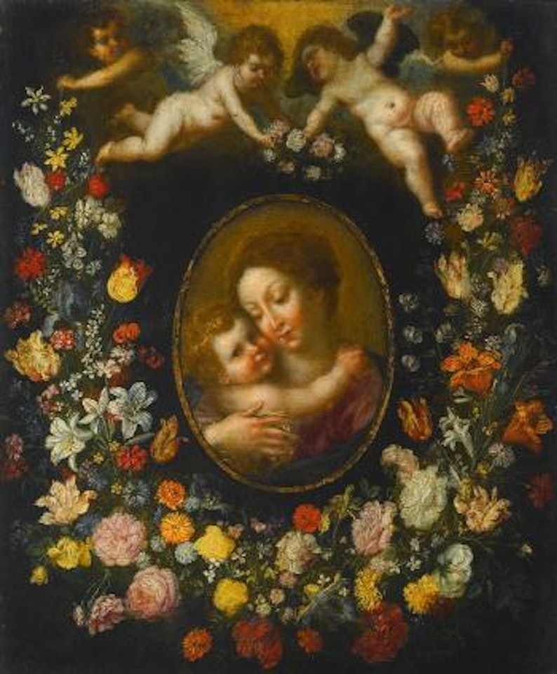 A Garland Of Flowers Encircling An Oval Of The Virgin And Child Born Aloft By Angels by Hendrik van Balen by Jan Brueghel the Younger