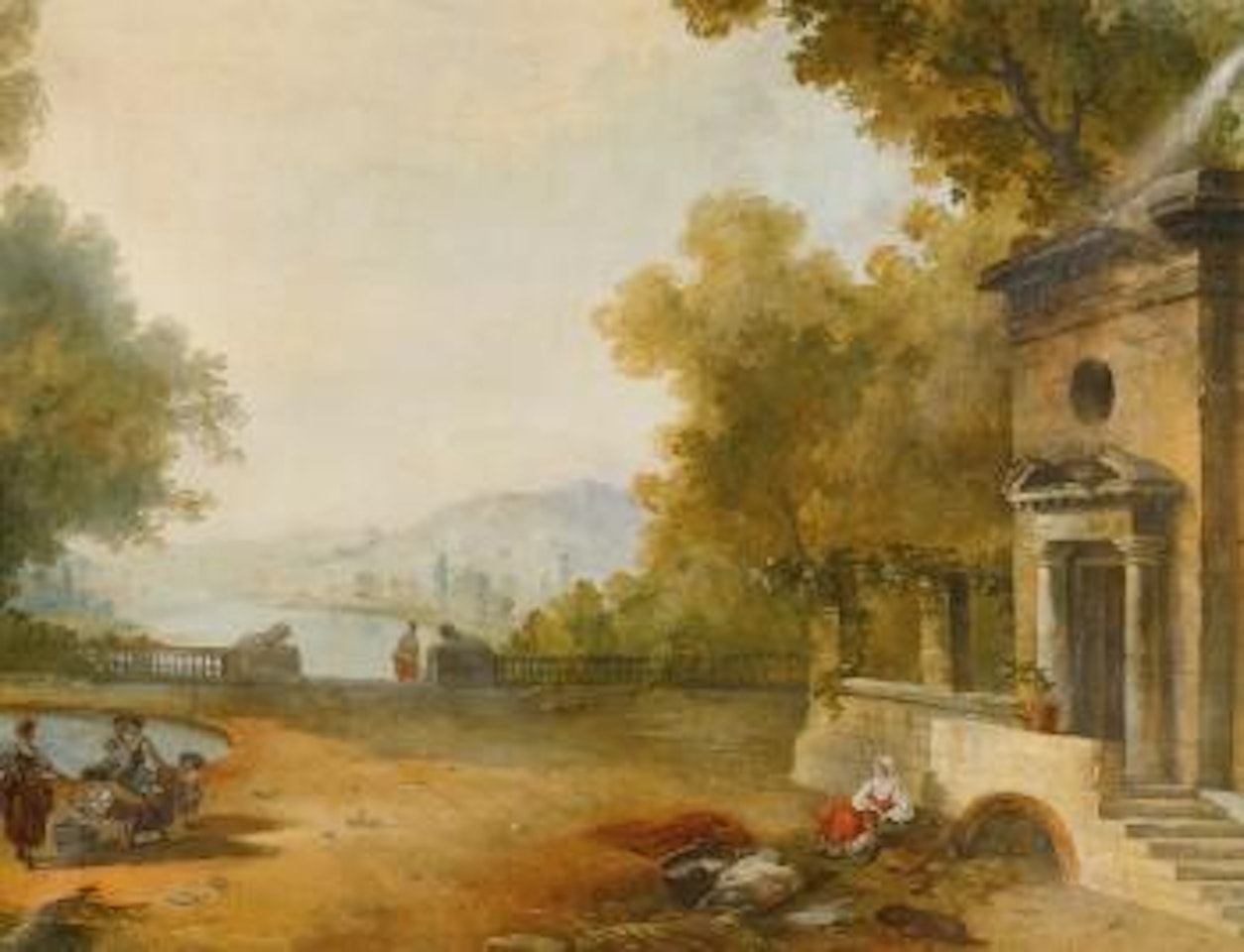 Figures On a Terrace Overlooking a Large Lake by Hubert Robert