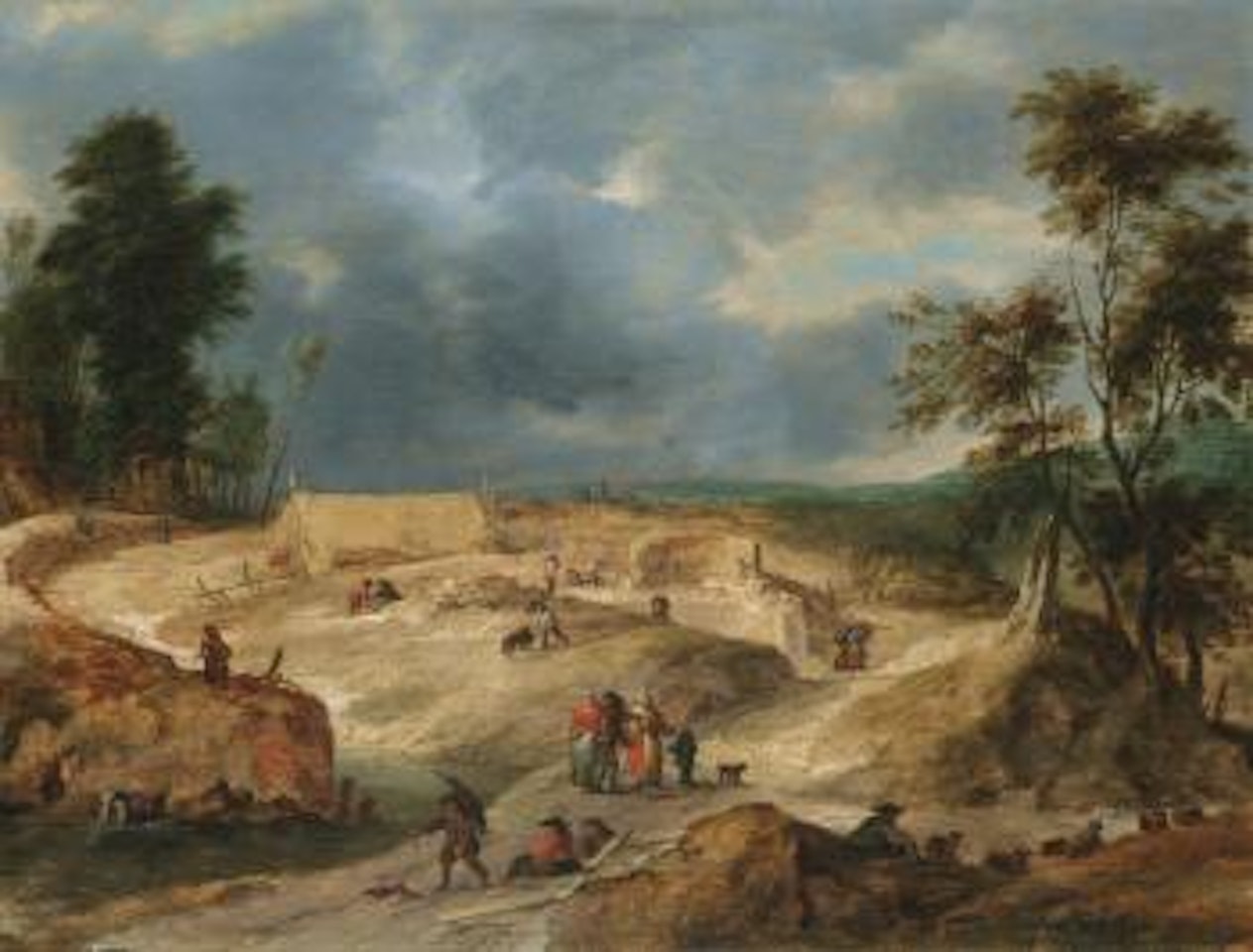 A Landscape With Peasants Building a Village by Flemish School