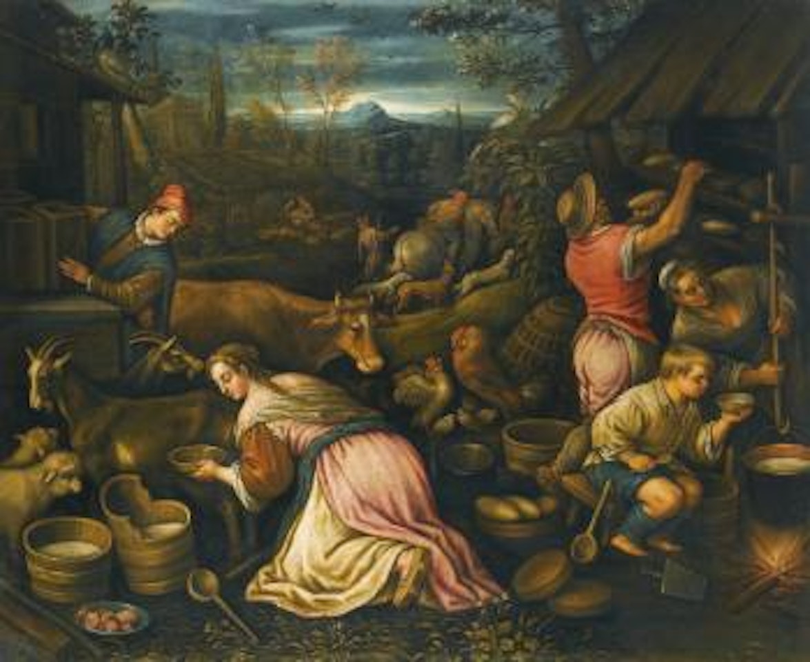 Spring - a Village Scene With Peasants Milking Goats And Baking Bread by Leandro Bassano