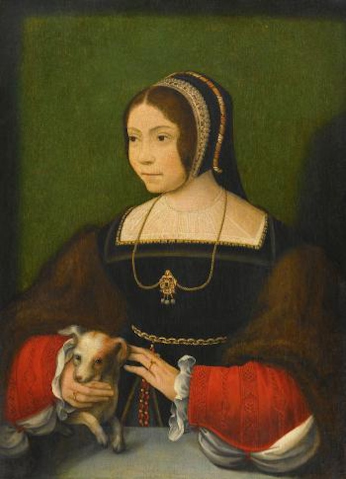 Portrait Of a Lady, Half Length, Wearing a Fur Stole And a Lace And Brocade Headdress, With a Small Dog by Flemish School