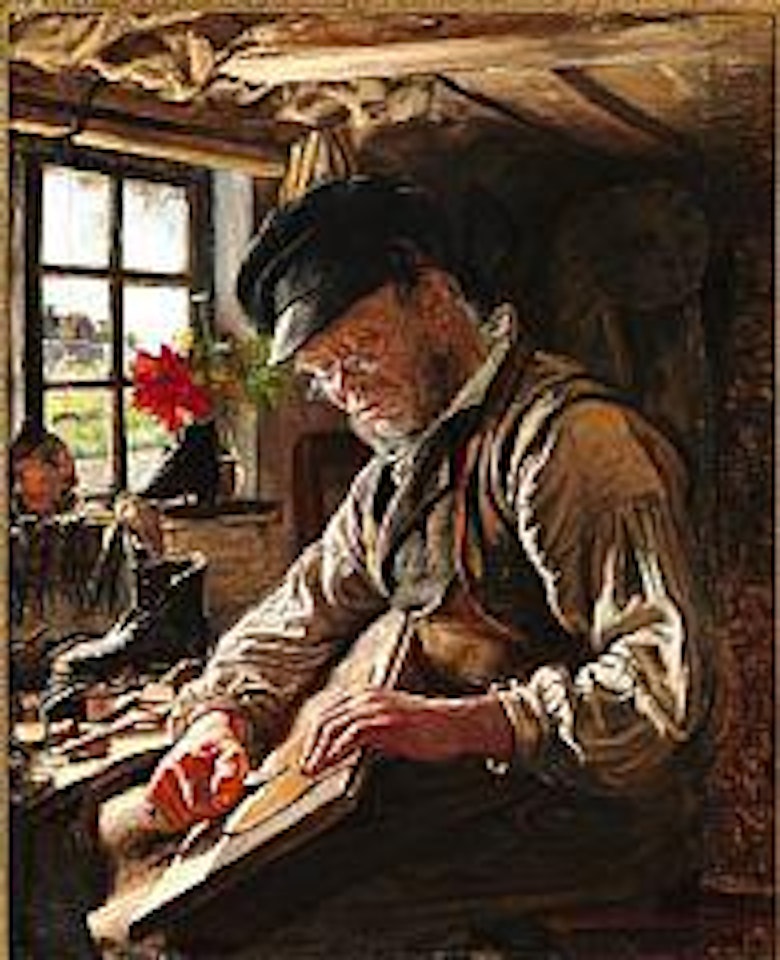 Skomager i Arildsleje; siddende ifærd med at skære et Stykke Læder til by Peder Severin Kröyer
