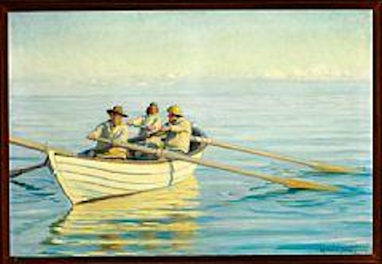 Fishermen in a rowing boat at sea, in front fisherman and rescuer Ole Svendsen by Michael Ancher