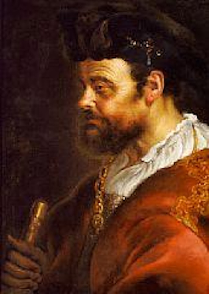 Portrait of a man with a black cap, a red coat and jewellery by Dutch School
