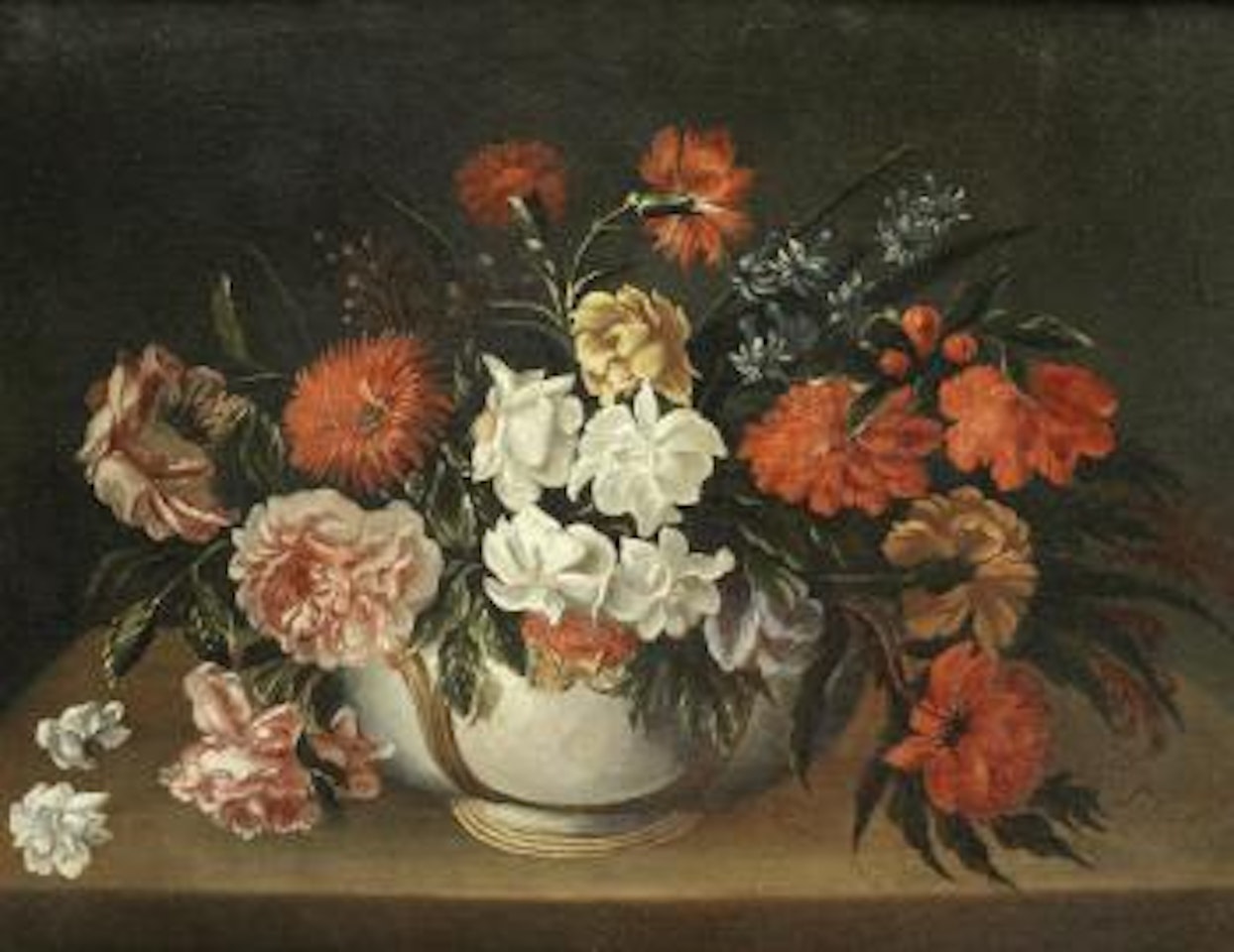 Roses, carnations and other flowers in a porcelain vase on a table; and Narcissi, peonies and other flowers in a porcelain vase on a table by Italian School