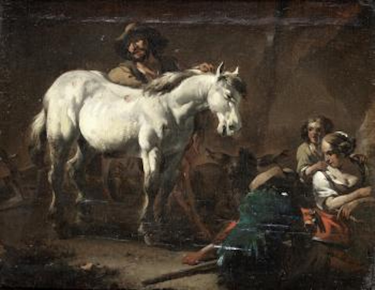 A man tending to a horse in a forge by Nicolaes Pietersz Berchem