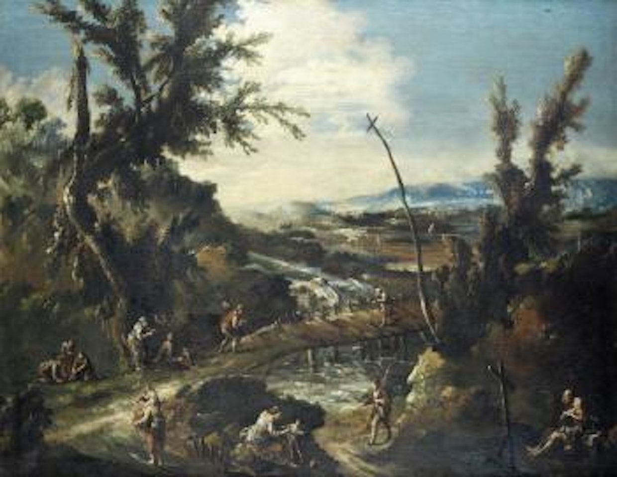 An extensive wooded landscape with a hermit, travellers and other figures by a river with a bridge by Alessandro Magnasco
