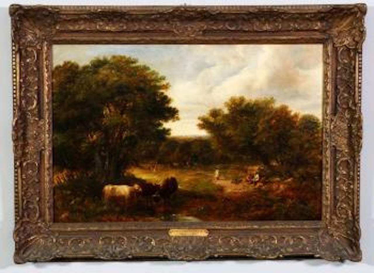 Three cows in foreground and six figures in a wooded clearing by John Constable