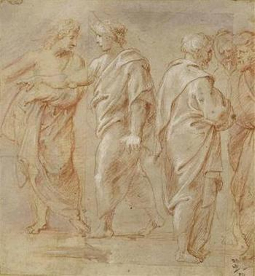 Skizzenblatt mit zwei Personengruppen: Jugend und Alter im Gespräch by Peter Paul Rubens