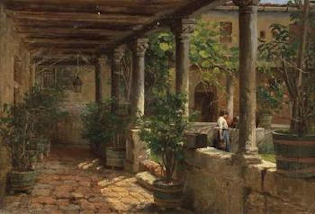 Innenhof eines Palazzos in Venedig mit zwei Frauen am Brunnen by Alfred Olsen