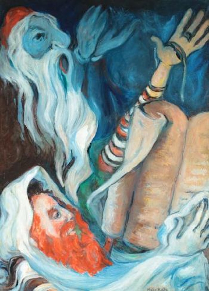 Two rabbis reading the Torah and vigorously and passiontely praying or making an invocation by Emmanuel Mané-Katz