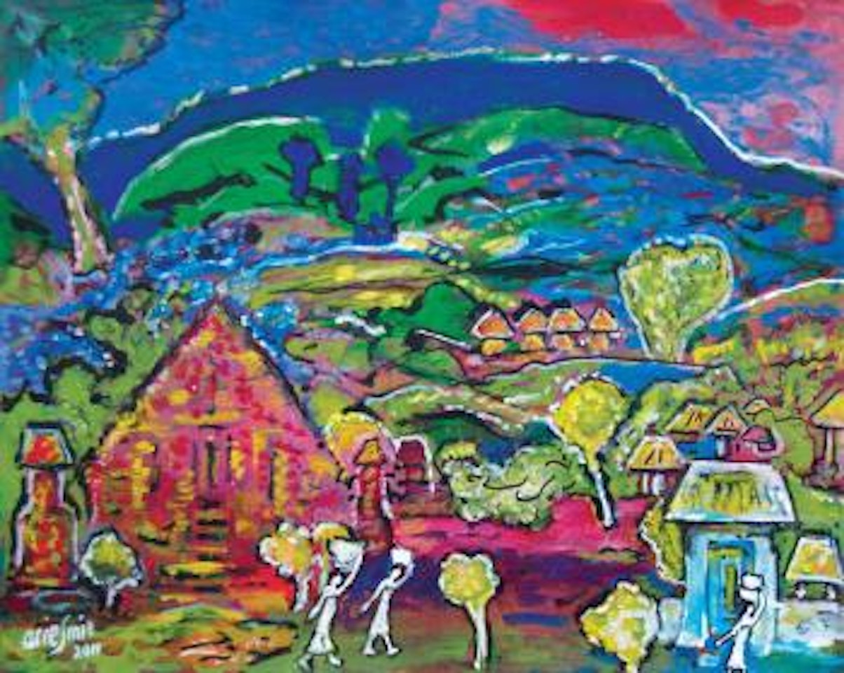 Landscape with village and mountain range by Arie Smit
