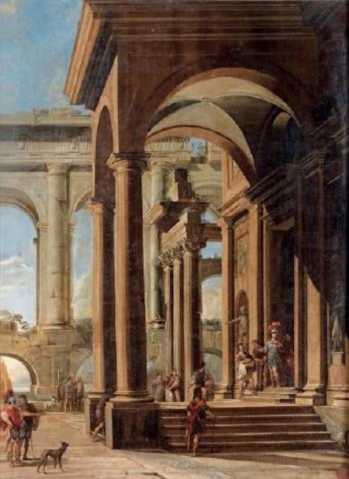 Scène antique dans des arcades de palais classiques by Viviano Codazzi