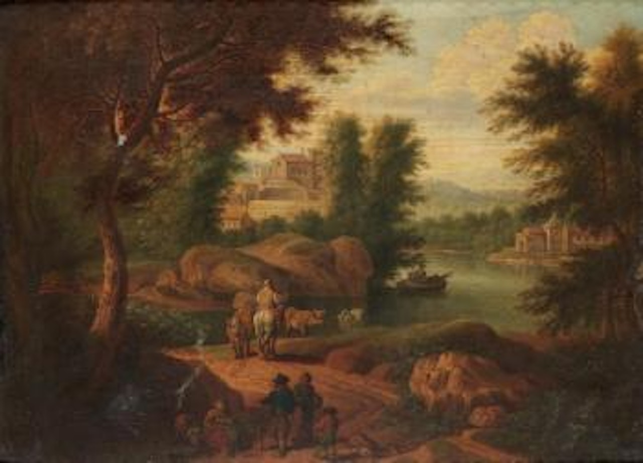 Promeneurs et paysans sur un chemin le long d'une rivière by Adriaen Frans Boudewyns by Pieter Bout