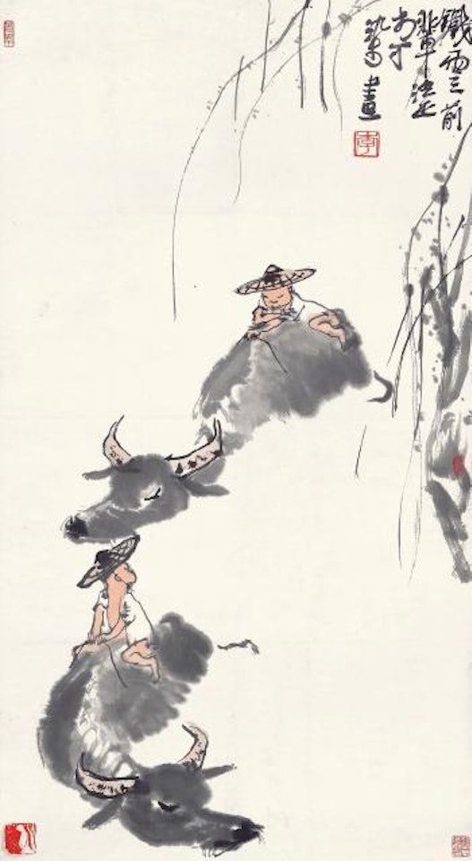 Buffaloes Bathing In The Stream by Li Keran