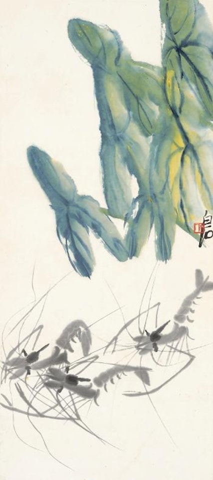 Shrimps Under The Taro Leaves by Qi Baishi