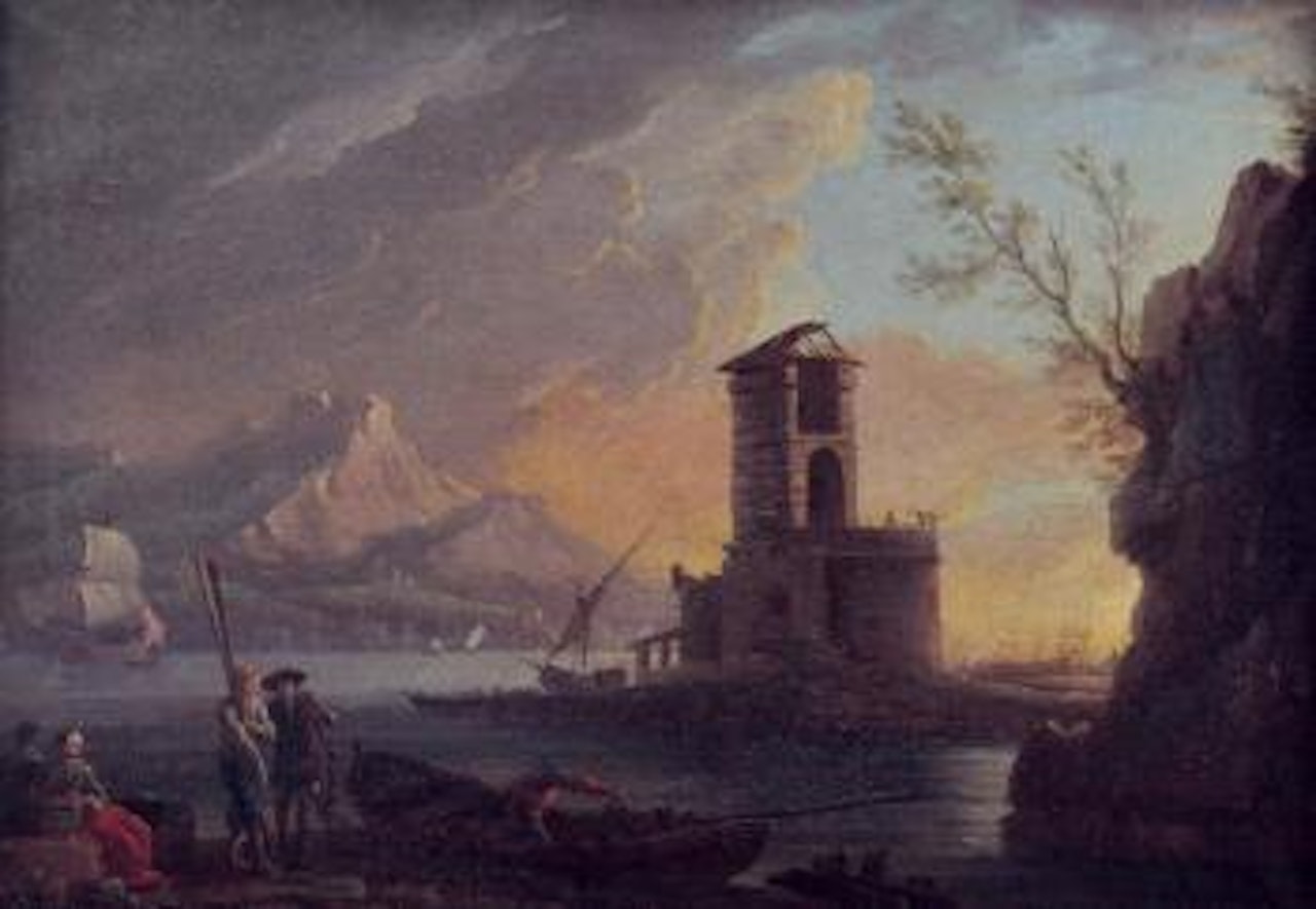 Marina al tramonto con figure e velieri by Carlo Bonavia