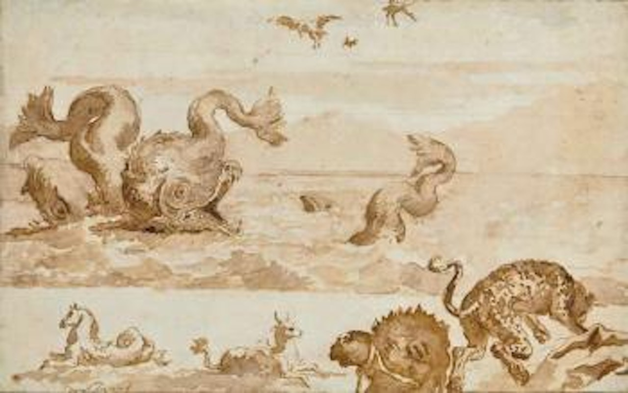 Monstre marin, guépard, tête de chameau et autres animaux by Giovanni Domenico Tiepolo