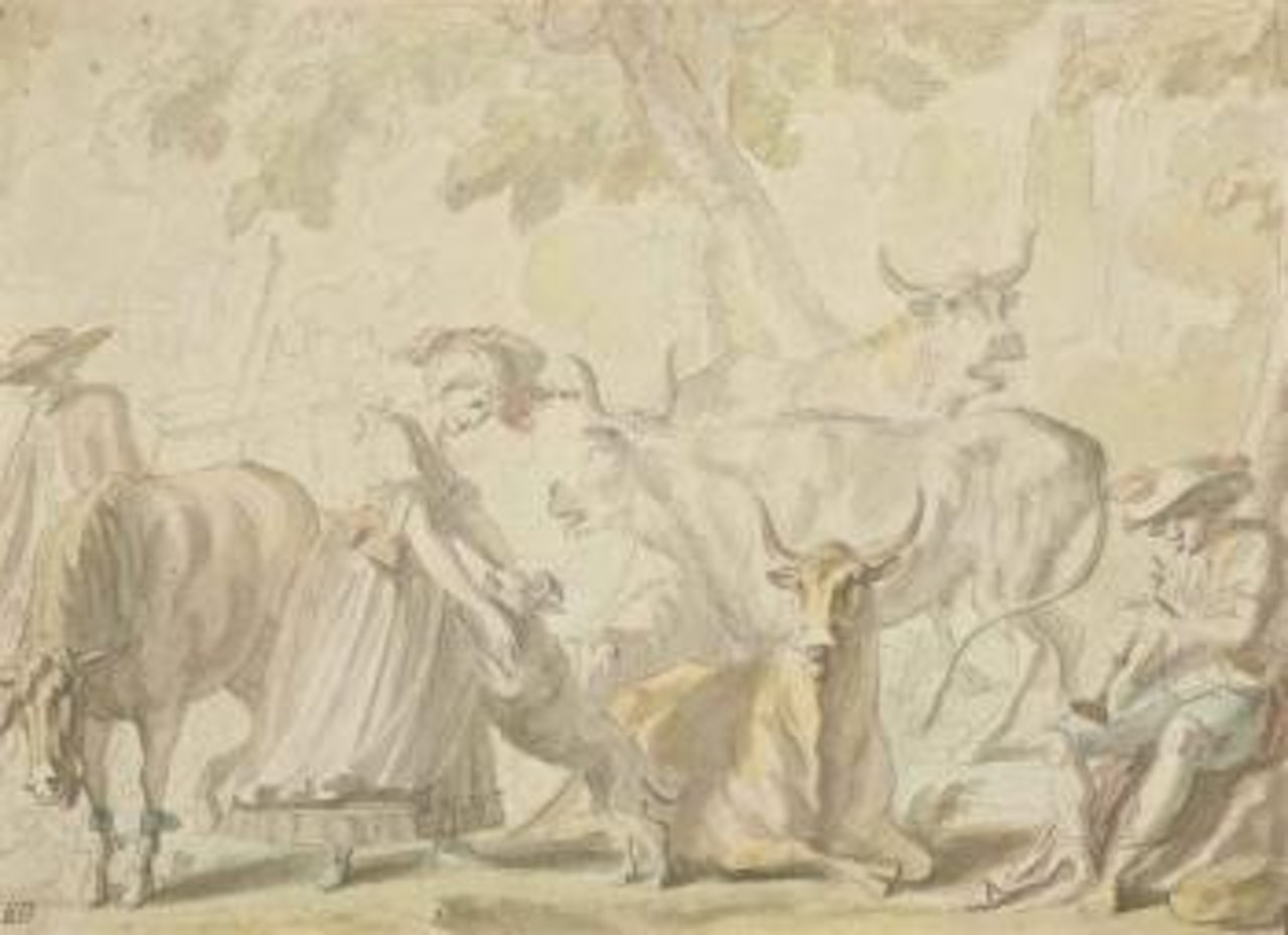 Paysage avec mucisien et jeune femme entouré d'animaux by Louis-Félix de la Rue