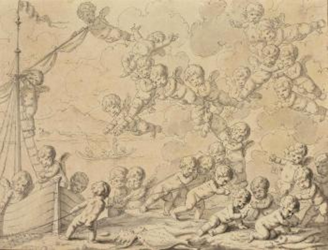 Putti jouant autour d'un voilier by Louis-Félix de la Rue