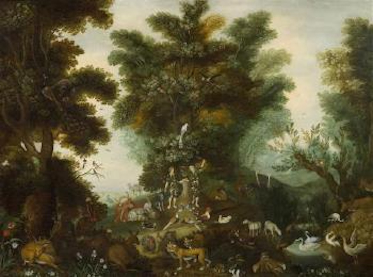 Paradieslandschaft mit Adam und Eva in Blätterkostüm by Jan Brueghel the Younger