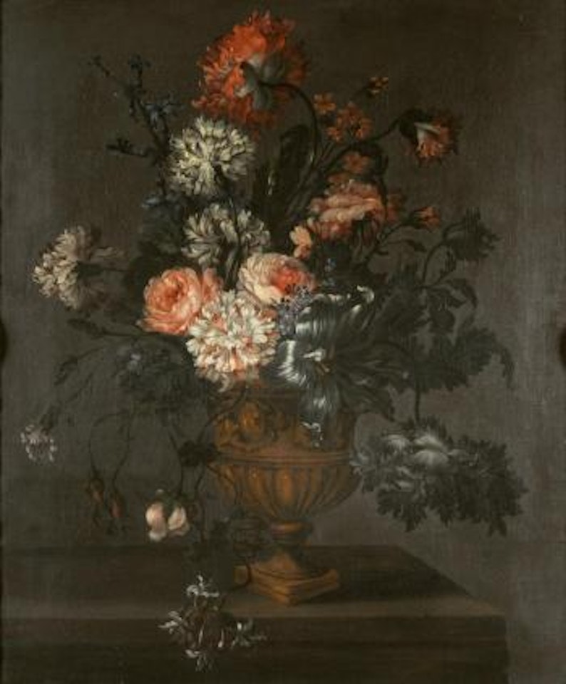 Still life of carnations and other flowers in a stone urn by Pieter Hardime