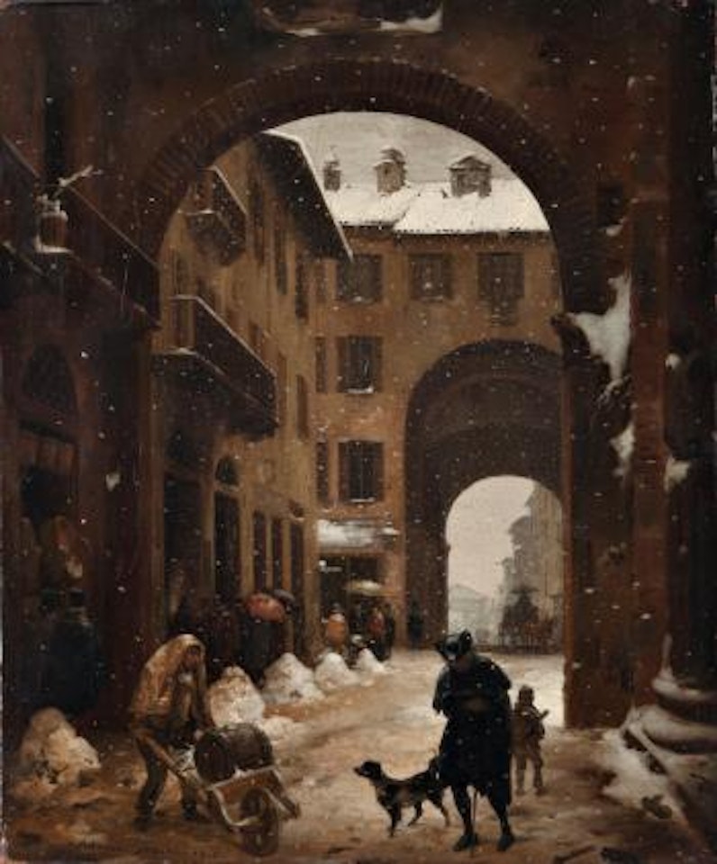 Veduta di Porta Ticinese con l'effetto di neve cadente by Angelo Inganni