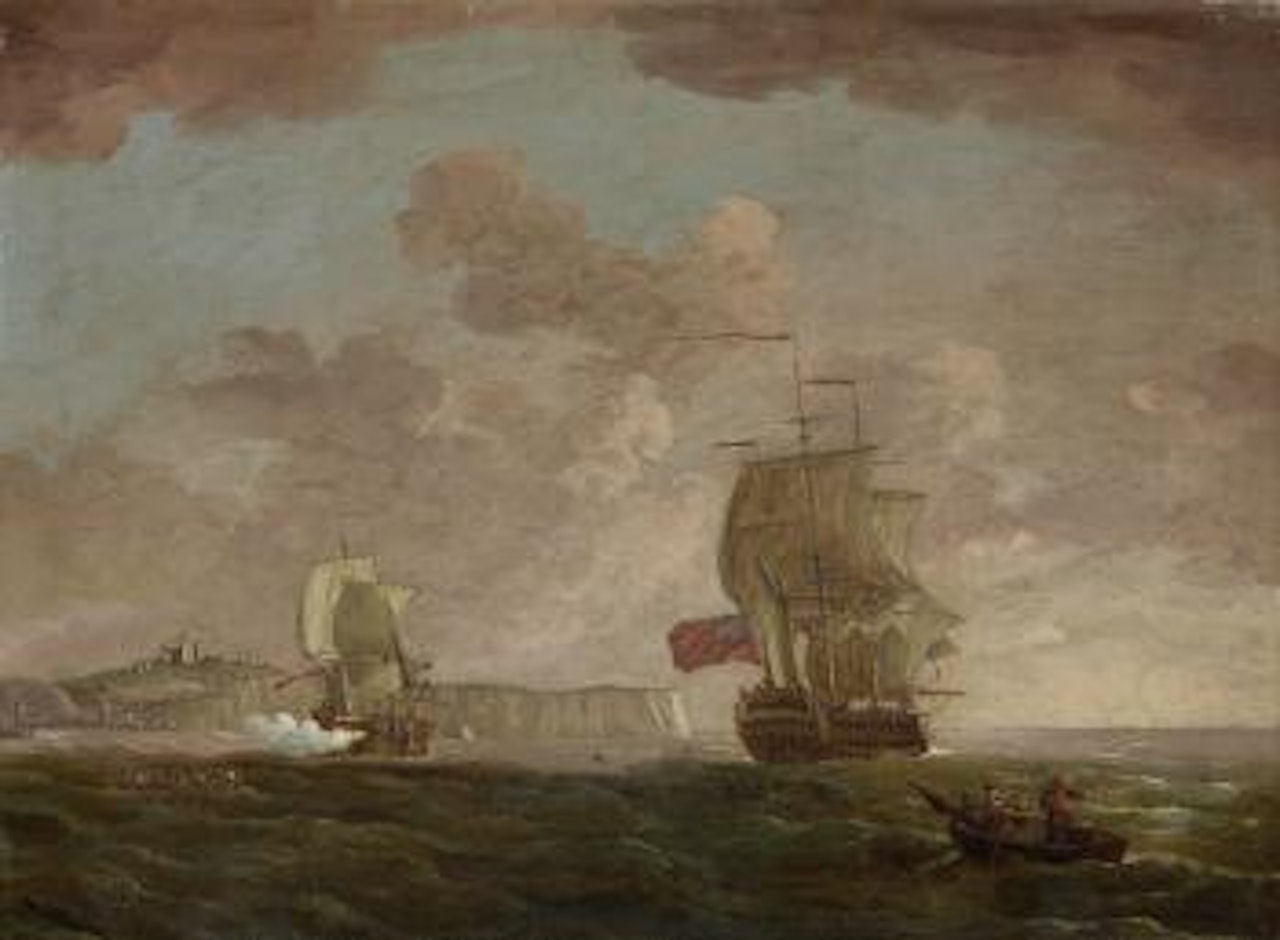 Saluting the flagship off Dover; A French man-o'war and other shipping in a heavy swell off Dunkirk by Francis Swaine