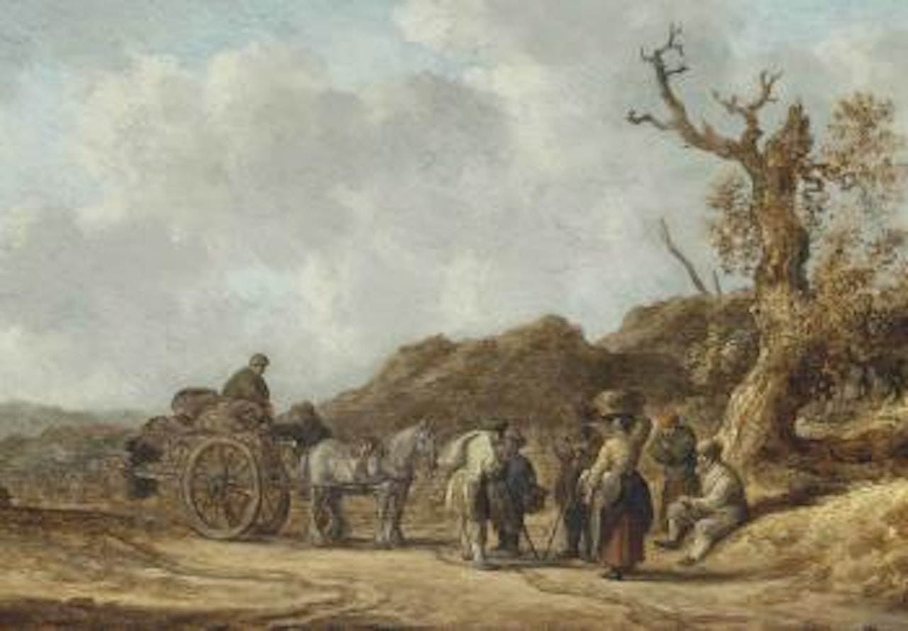 A dune landscape with figures on a horse-drawn cart and others conversing on a path by Jan van Goyen