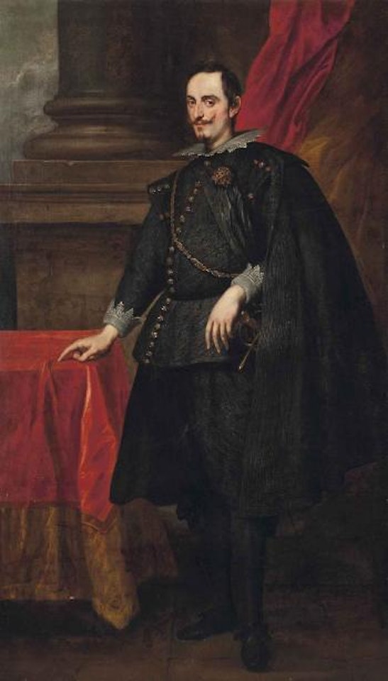 Portrait of a gentleman, full-length, in a black doublet and cloak, his left hand resting on the hilt of his sword, standing beside a draped table, in an interior by Anthony van Dyck