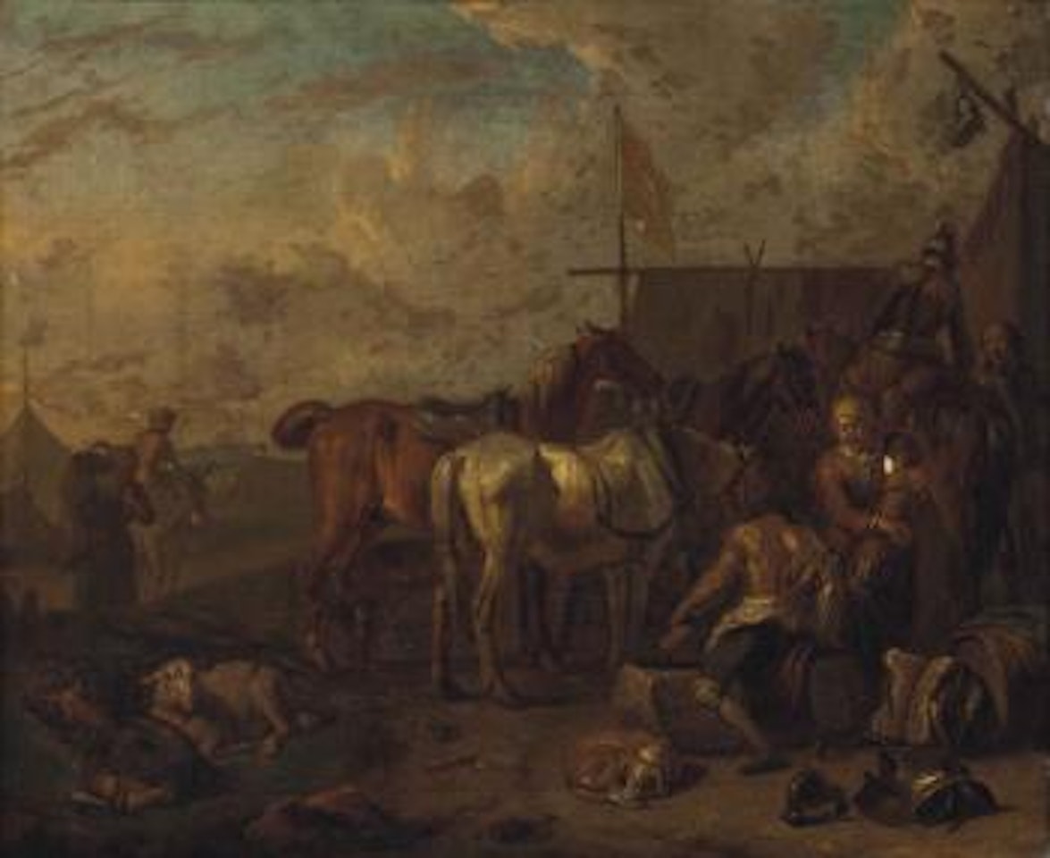 An encampment with soldiers and horses at rest by Pieter van Bloemen