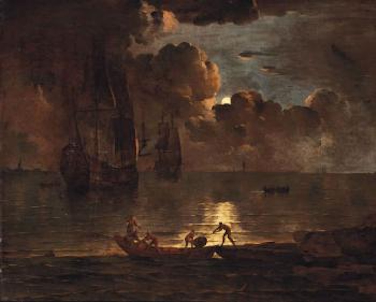 A moonlit coastal landscape with fishermen unloading cargo, men-o'-war anchored beyond by Dutch School