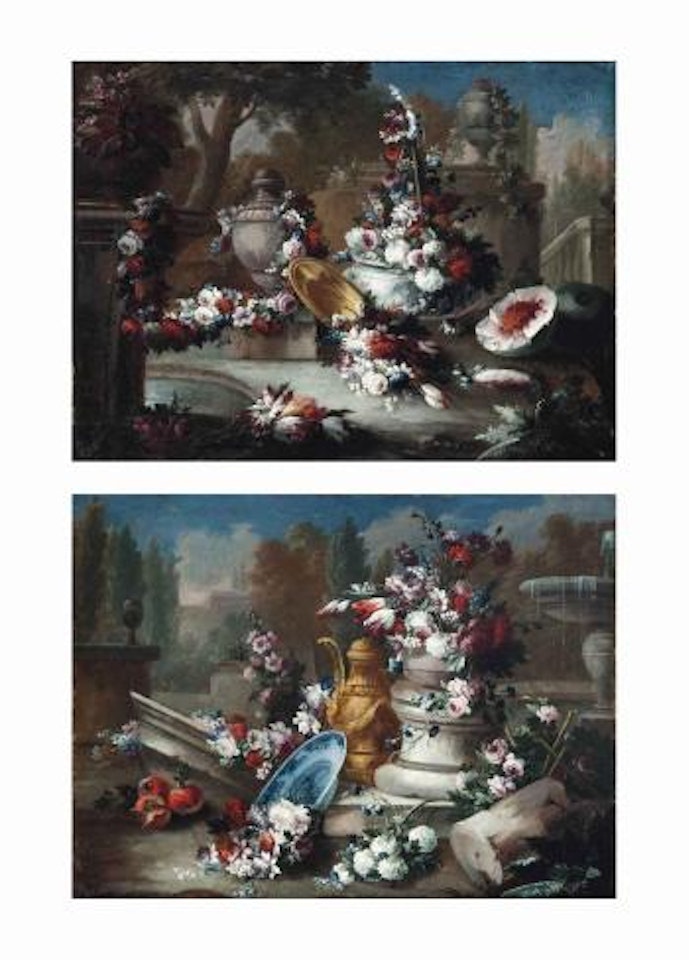 Roses, peonies, convolvulus and other flowers in an urn, a floral wreath draped around a fountain, with a gilt platter and watermelons in a park landscape.. by Gasparo Lopez