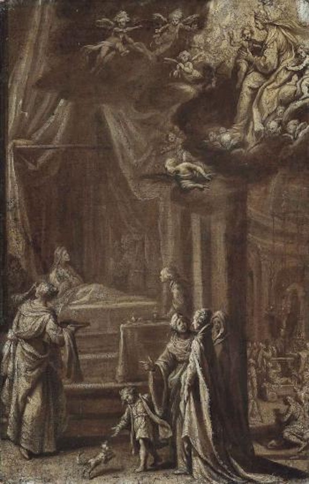 The Madonna and Child appearing to a convalescent lady with Christ healing the sick beyond, en brunaille by Florentine School