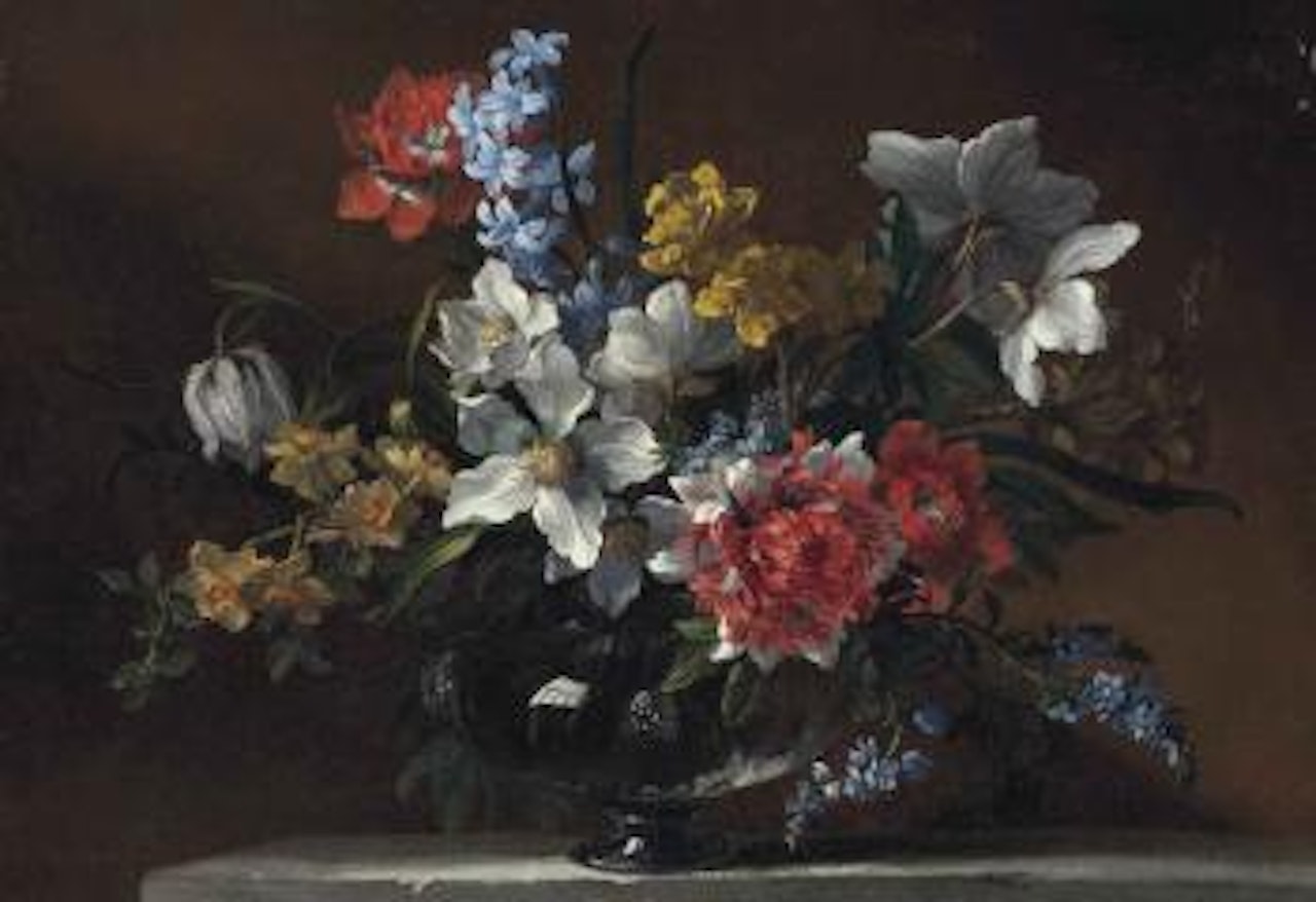 Narcissi, hyacinths, forget-me-nots and other flowers in a glass vase on a stone ledge by Jean Baptiste Monnoyer
