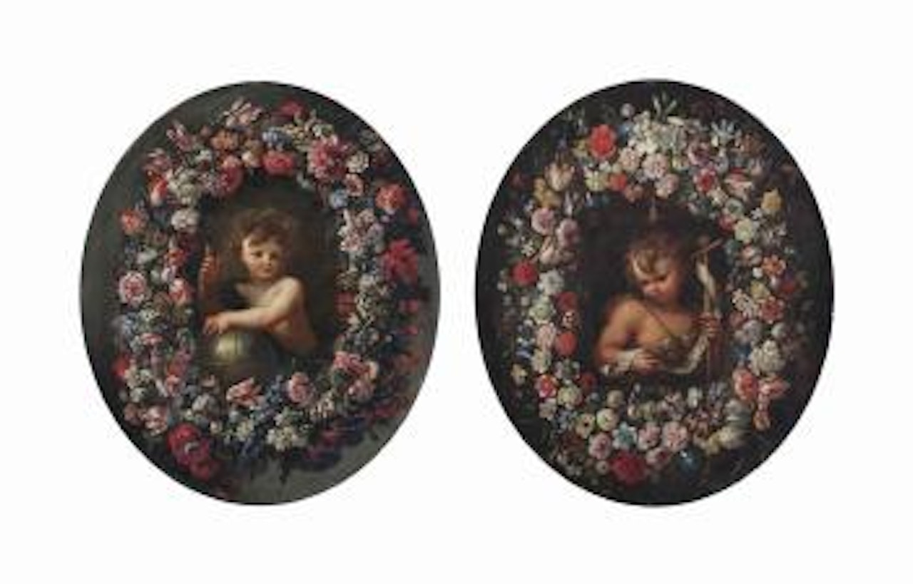 The Christ Child surrounded by a garland of flowers; and the Infant Saint John the Baptist surrounded by a garland of flowers by Italian School by Roman School
