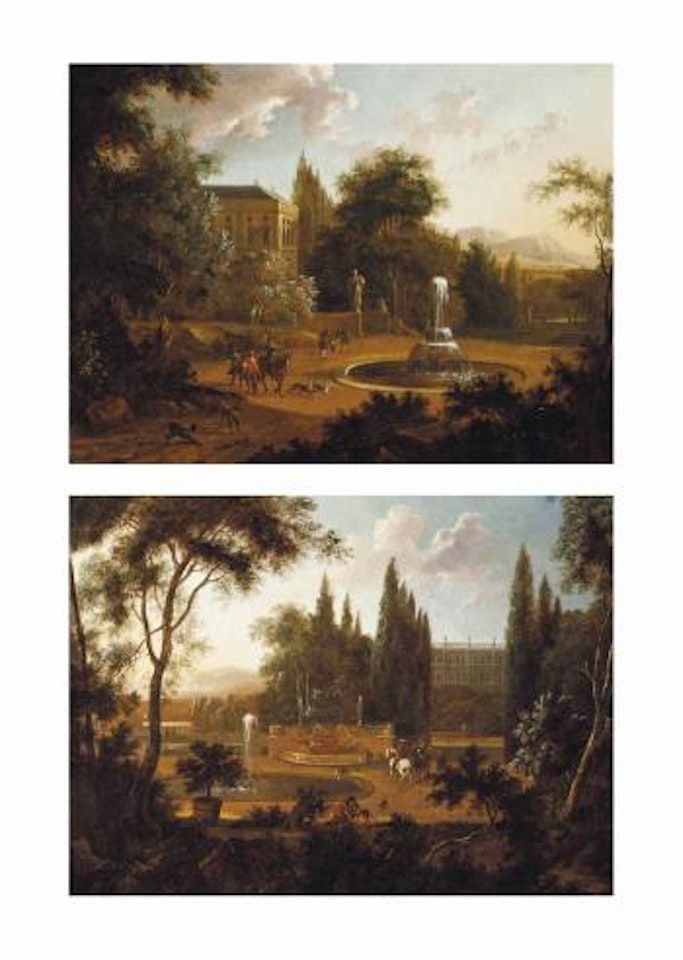 A hunting party beside a fountain; and Elegant company beside a fountain with hounds drinking water by Isaac de Moucheron