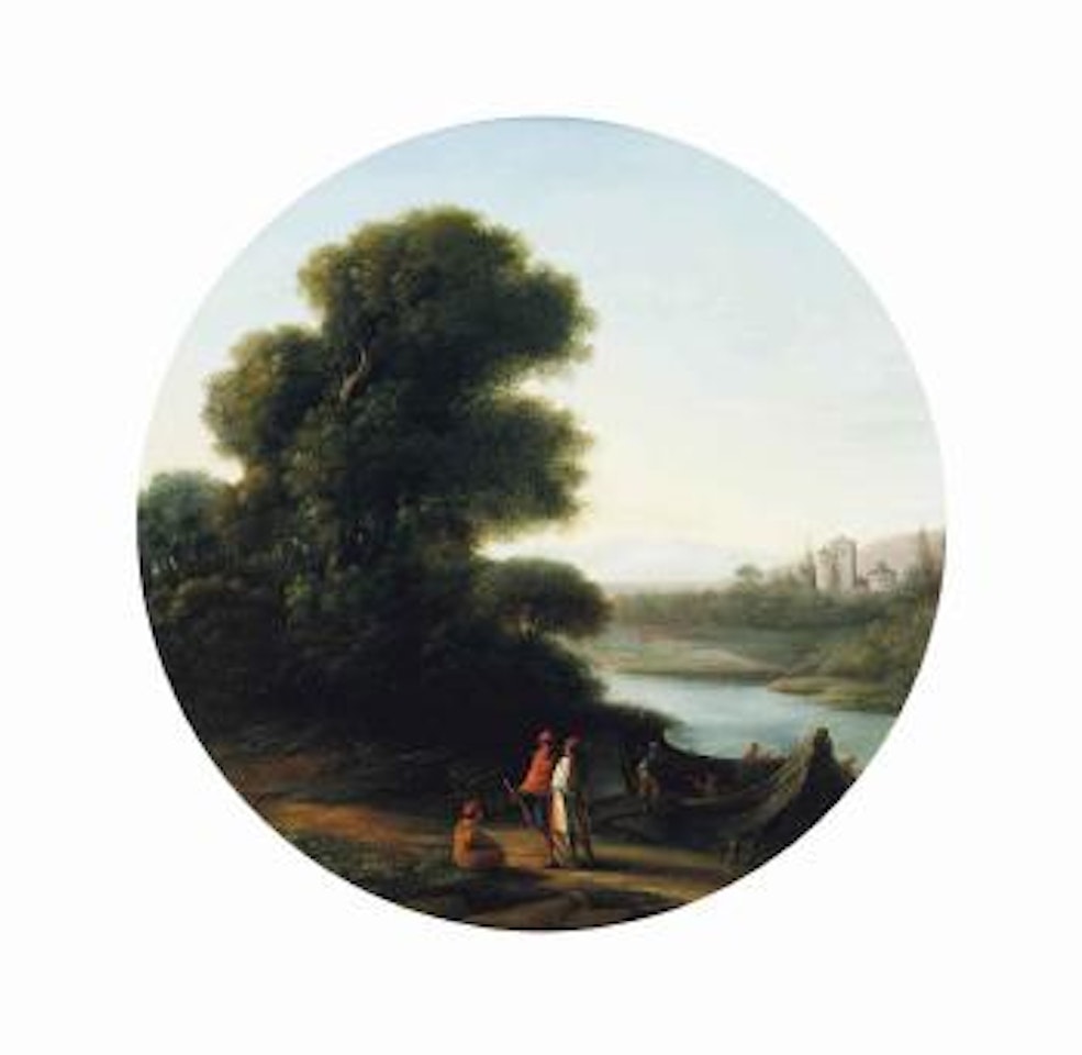 A wooded river landscape with figures on a path and others loading a boat with logs, a castle beyond by Claude Lorrain