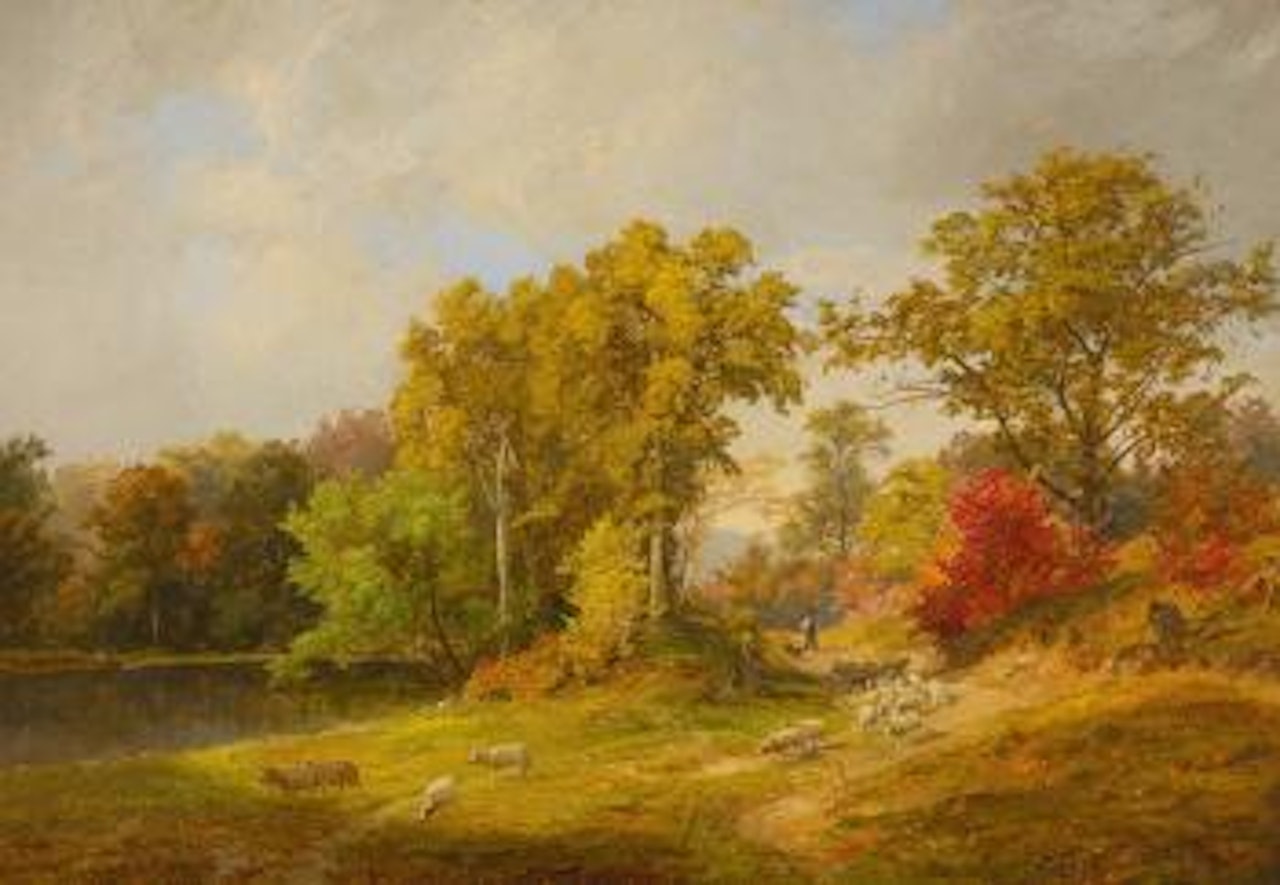 Autumn Landscape With Shepherd, Dog And Sheep by Jasper Francis Cropsey