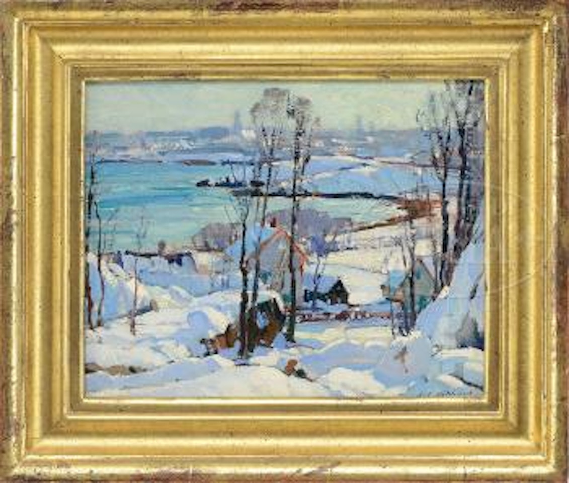 Winter harbor scene with city views beyond by Aldro Thompson Hibbard