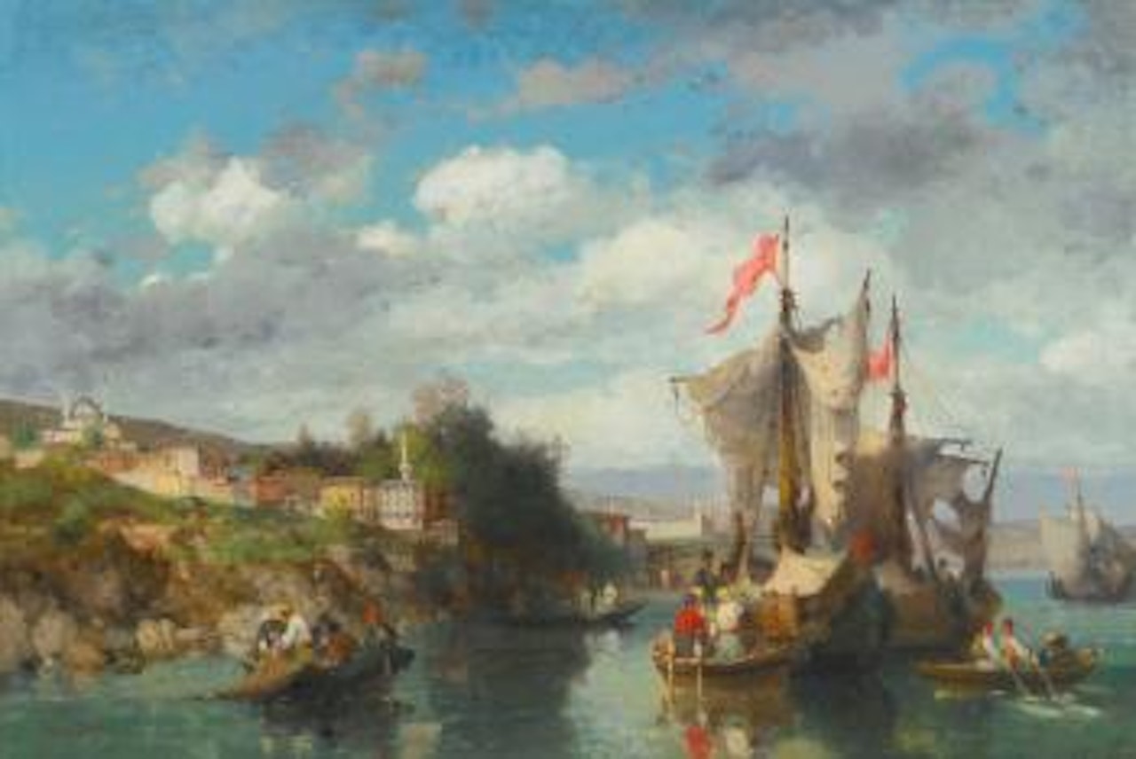 Fishermen On The Bosphorus Near Scutari, With The Selimiye Barracks In The Background by Germain-Fabius Brest