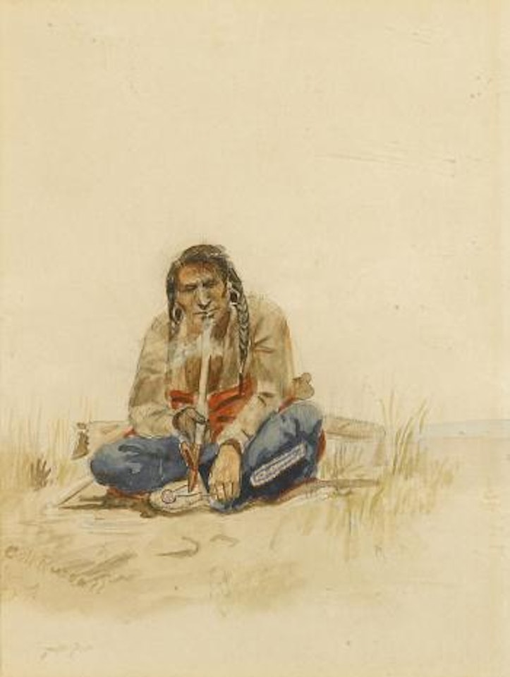 Indian smoking peace pipe by Charles M Russell