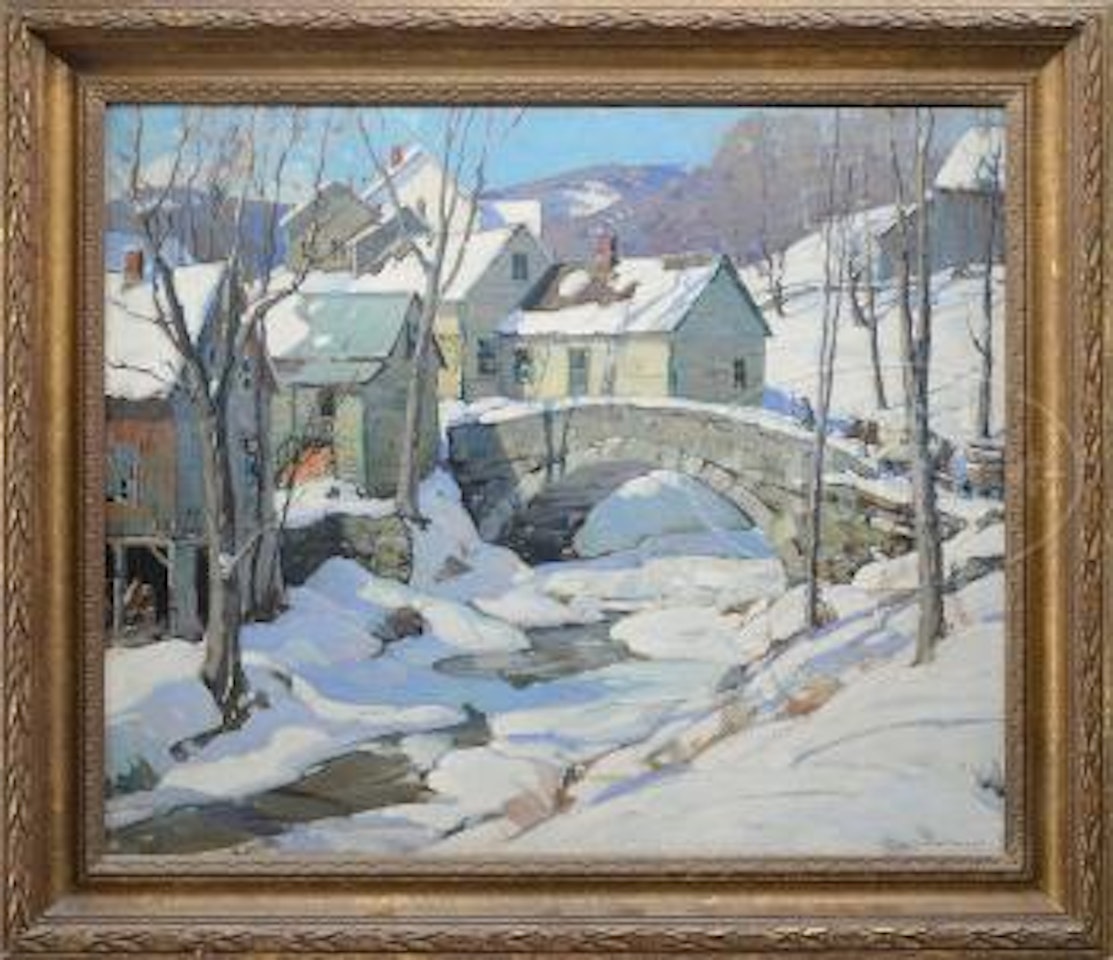 Village with bridge in winter by Aldro Thompson Hibbard